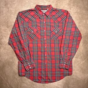 Vintage 90s Ely Cattleman Pearl Snap Plaid Shirt Multicolor Red Western Cowboy